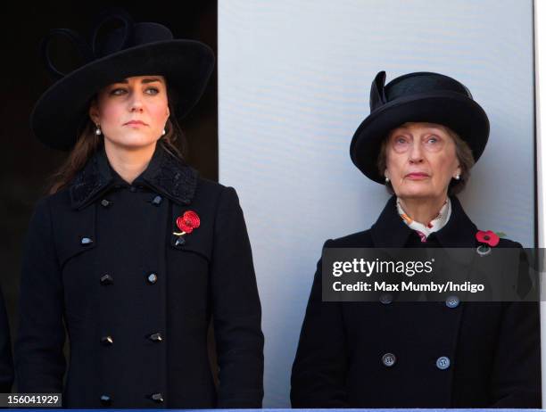 Catherine, Duchess of Cambridge and Lady Susan Hussey attend the annual Remembrance Sunday Service at the Cenotaph, Whitehall on November 11, 2012 in...