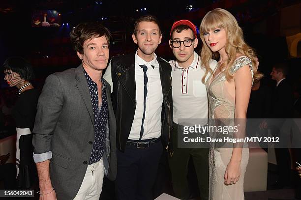 Andrew Dost, Jack Antonoff and Nate Ruess of Fun and Taylor Swift pose in the VIP Glamour area at the MTV EMA's 2012 at Festhalle Frankfurt on...