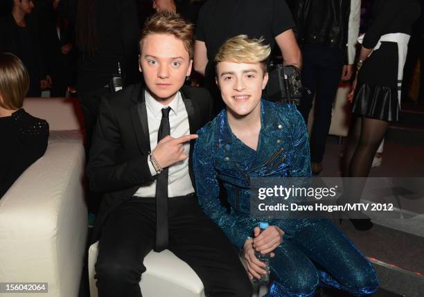 Conor Maynard and Jedward pose in the VIP Glamour area at the MTV EMA's 2012 at Festhalle Frankfurt on November 11, 2012 in Frankfurt am Main,...