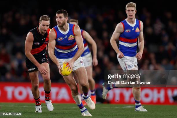 Marcus Bontempelli of the Bulldogs ruduring the round 19 AFL match between Essendon Bombers and Western Bulldogs at Marvel Stadium, on July 21 in...