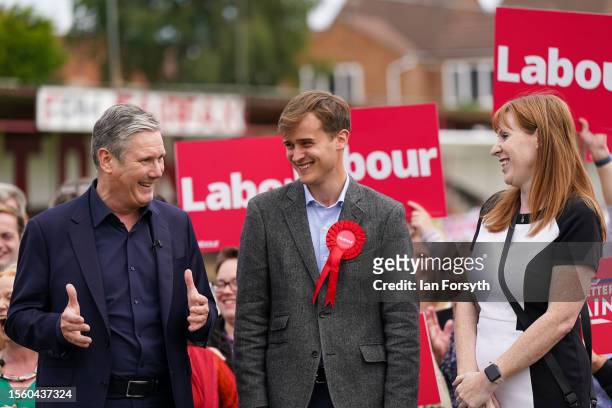 Labour leader Sir Keir Starmer MP, Angela Rayner MP and the newly elected MP for Selby and Ainsty, Keir Mather on stage during a celebration rally on...