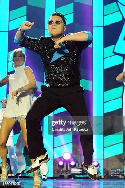 Psy performs 'Gangnam Style' onstage during the MTV EMA's 2012 at Festhalle Frankfurt on November 11, 2012 in Frankfurt am Main, Germany.