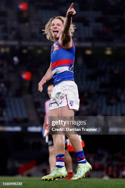 Cody Weightman of the Bulldogs celebrates a goal during the round 19 AFL match between Essendon Bombers and Western Bulldogs at Marvel Stadium, on...