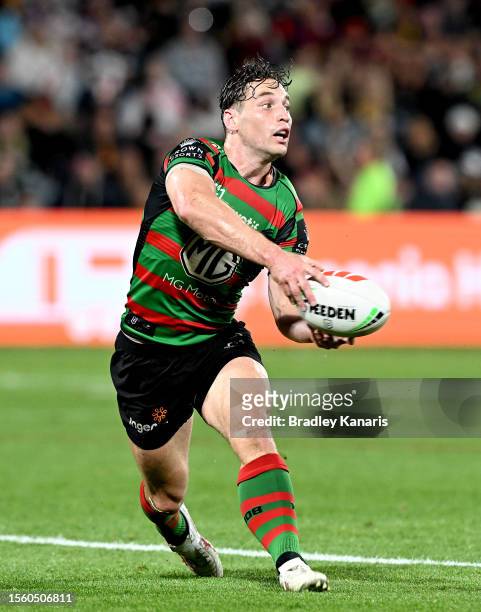Cameron Murray of the Rabbitohs passes the ball during the round 21 NRL match between South Sydney Rabbitohs and Brisbane Broncos at Sunshine Coast...