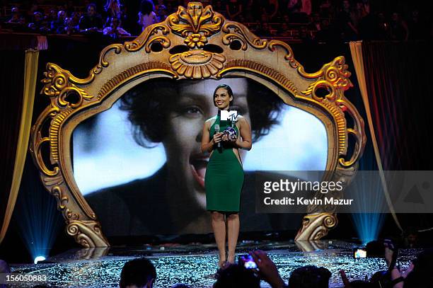 Singer Alicia Keys accepts the Global Icon award on behalf of Whitney Houston during the MTV EMA's 2012 at Festhalle Frankfurt on November 11, 2012...