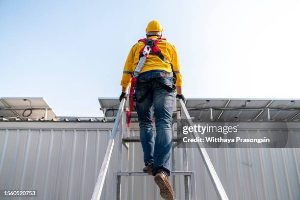 construction worker wearing safety harness - sicherheitsgurt sicherheitsausrüstung stock-fotos und bilder