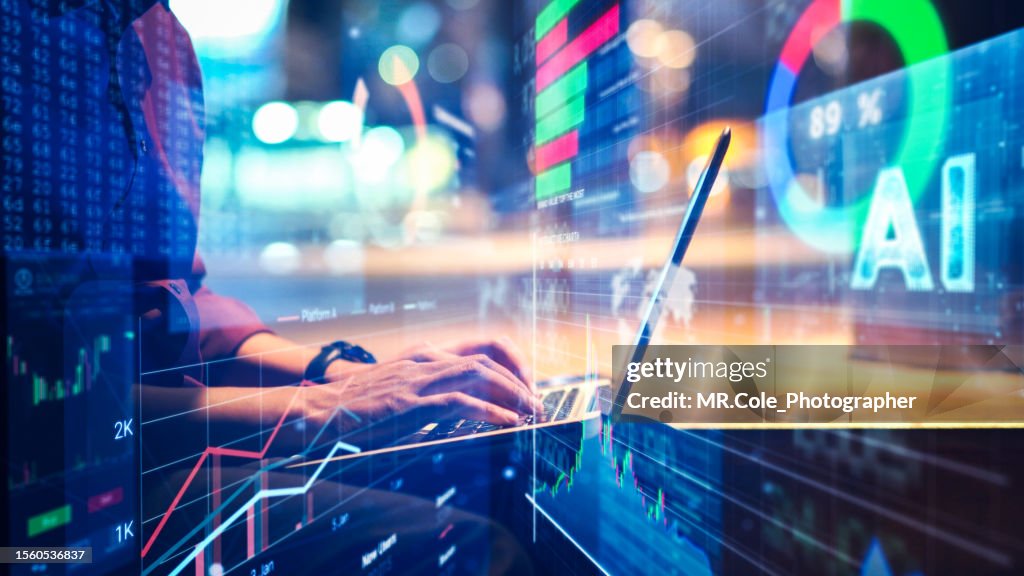 Man Using a Laptop double exposure with Business Data Analytics Dashboard