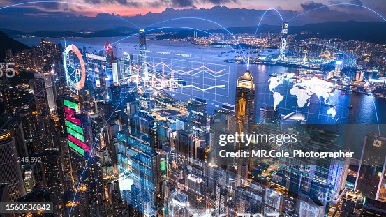 City skyline double exposure with Business data Analytics dashboard City skyline double exposure with Business data Analytics dashboard