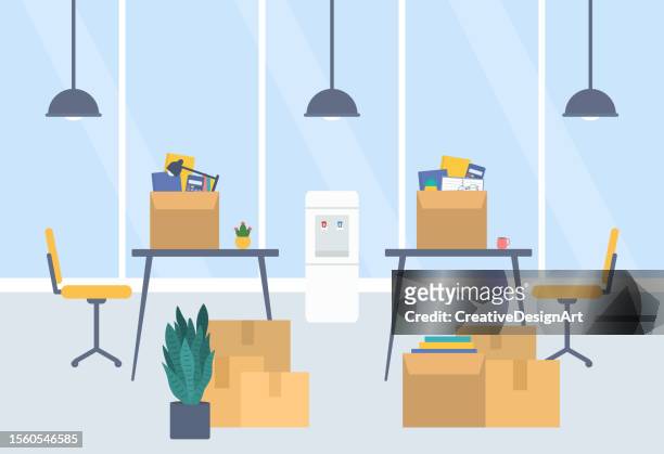 business bankruptcy or moving to new office concept with office chairs, tables and cardboard boxes full of office supplies - moving office stock illustrations
