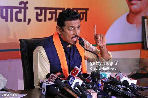 Rajyavardhan Singh Rathore addresses a press conference over various issues against the state government, at the party office, in Jaipur, Rajasthan,...