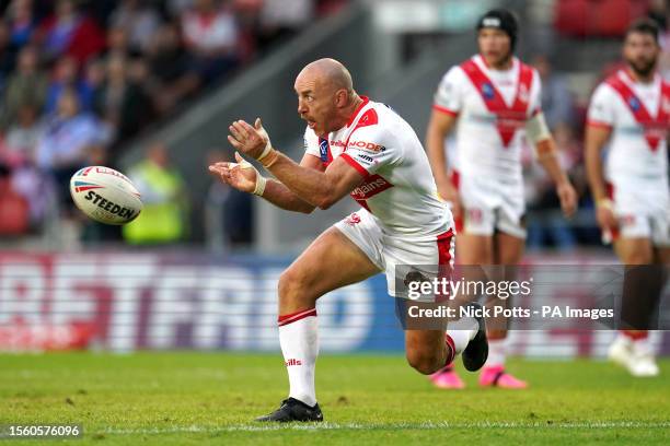 St Helens' James Roby releases the ball during the Betfred Super League match at the Totally Wicked Stadium, St. Helens. Picture date: Friday July...