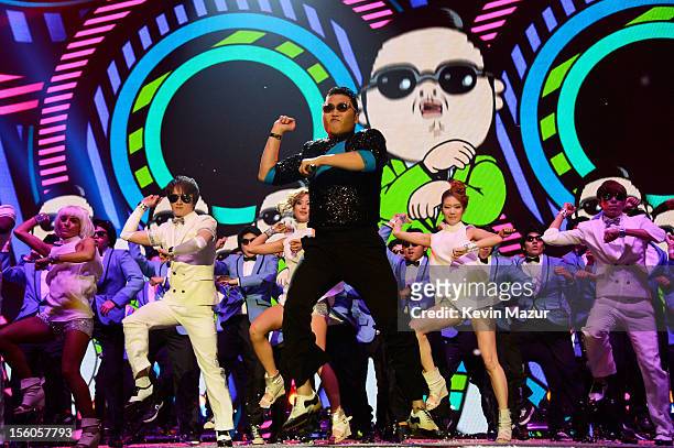 Singer Psy performs 'Gangnam Style' onstage during the MTV EMA's 2012 at Festhalle Frankfurt on November 11, 2012 in Frankfurt am Main, Germany.