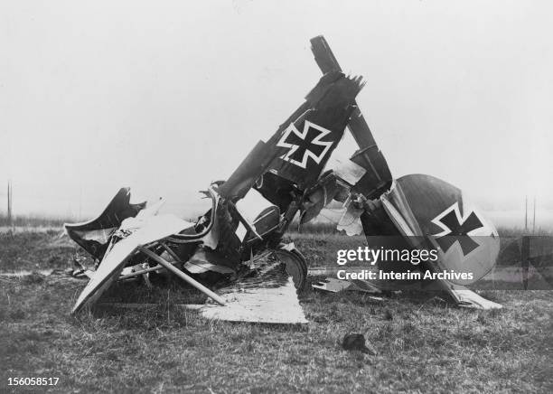 View of the wreckage of a German Albatross D III fighter biplane, during World War I.