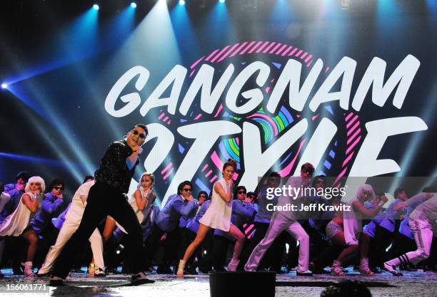 Singer Psy performs 'Gangnam Style' during the MTV EMA's 2012 at Festhalle Frankfurt on November 11, 2012 in Frankfurt am Main, Germany.