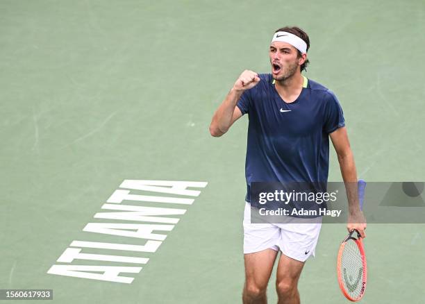 Taylor Fritz celebrates after winning the 1st set against Kei Nishikori during the ATP Atlanta Open quarter finals at Atlantic Station on July 28,...