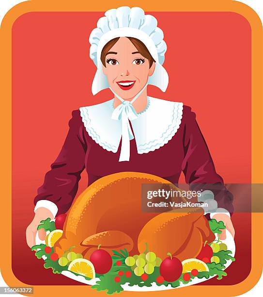 pilgrim woman with thanksgiving roasted turkey - bonnet stock illustrations