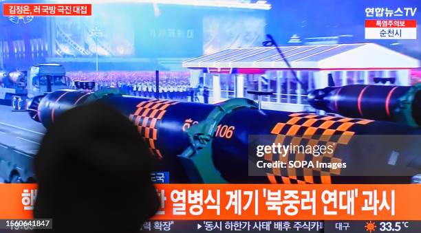 Screen shows an image of North Korea's first-ever nuclear-armed unmanned underwater vehicle named the Haeil at a military parade to mark the 70th...