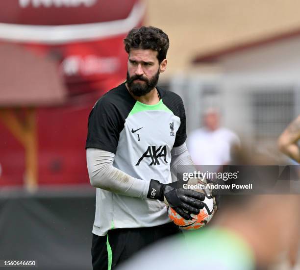 Alisson Becker of Liverpool during a training session on July 21, 2023 in UNSPECIFIED, Germany.