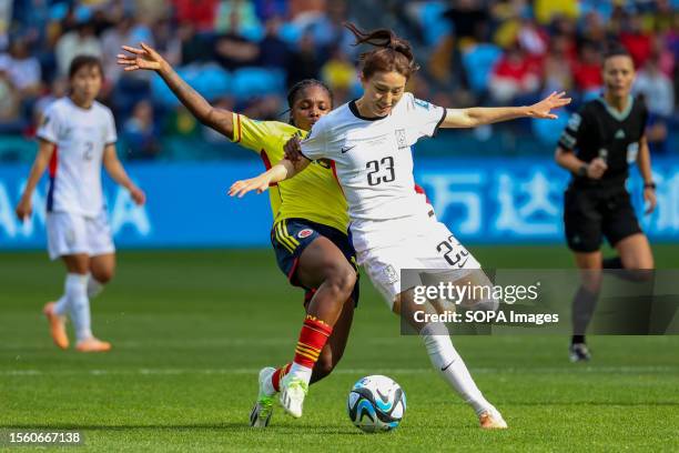 Linda Caicedo of Colombia and Kang Chae-rim in action during the FIFA Women's World Cup 2023 Australia/New Zeland between Colombia and Corea at...