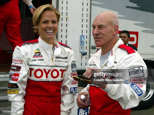 Dara Torres and Patrick Stewart during 26th Annual Toyota Pro/Celebrity Race - Press Day at Streets of Long Beach in Long Beach, California, United...