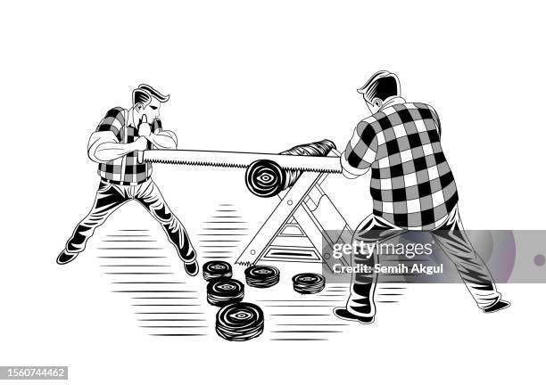 lumberjacks sawing wood vector illustration - chainsaw cutting stock illustrations
