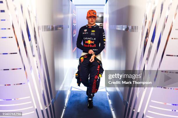 Max Verstappen of the Netherlands and Oracle Red Bull Racing walks into the garage during practice ahead of the F1 Grand Prix of Hungary at...