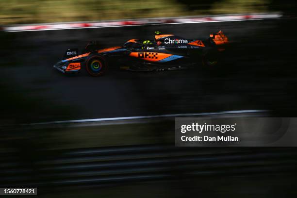 Lando Norris of Great Britain driving the McLaren MCL60 Mercedes on track during practice ahead of the F1 Grand Prix of Hungary at Hungaroring on...