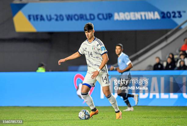 Gabriele Guarino of Italy in action ,during the FIFA U-20 World Cup Argentina 2023 Final match between Uruguay and Italy at Estadio La Plata on June...
