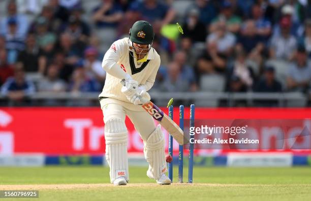 David Warner of Australia is bowled by Chris Woakes of England during Day Three of the LV= Insurance Ashes 4th Test Match between England and...