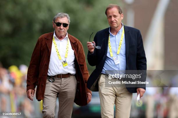 Eddy Merckx of Belgium Ex Pro-rider and Christian Prudhomme of France Director of Le Tour de France after the stage nineteen of the 110th Tour de...