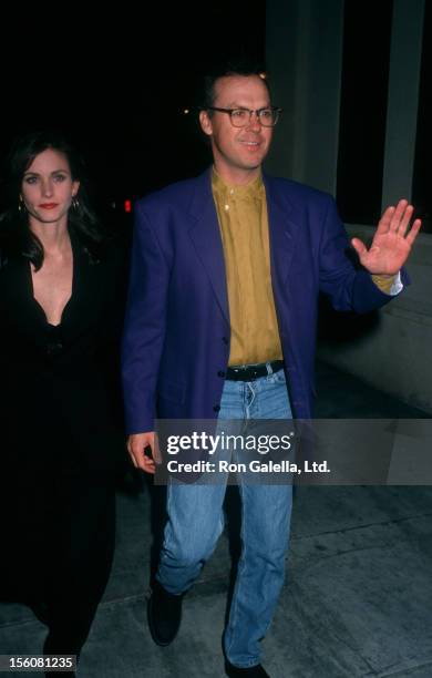 Actor Michael Keaton and actress Courteney Cox attending the wrap party for 'Batman Returns' on March 6, 1992 at the Mayan Theater in Los Angeles,...