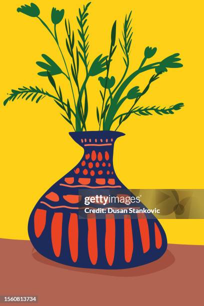 flowers in a vase - oil pastel drawing stock illustrations