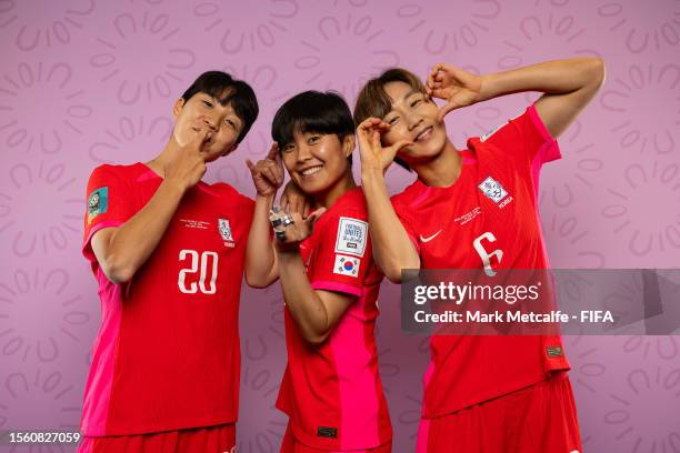Kim Hyeri, Ji Soyun and Lim Seonjoo of Korea Republic pose during the official FIFA Women's World Cup Australia & New Zealand 2023 portrait session...