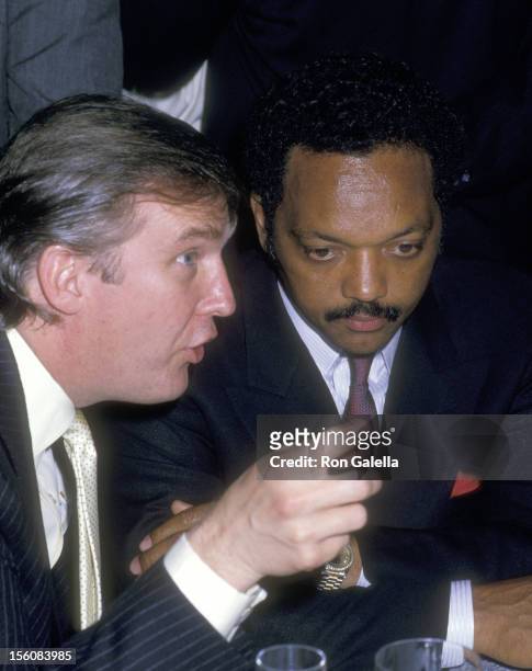 Business Mogul Donald Trump and Reverend Jesse Jackson attend the 'Mike Tyson vs. Michael Spinks Boxing Match' on June 27, 1988 at Trump Plaza Hotel...