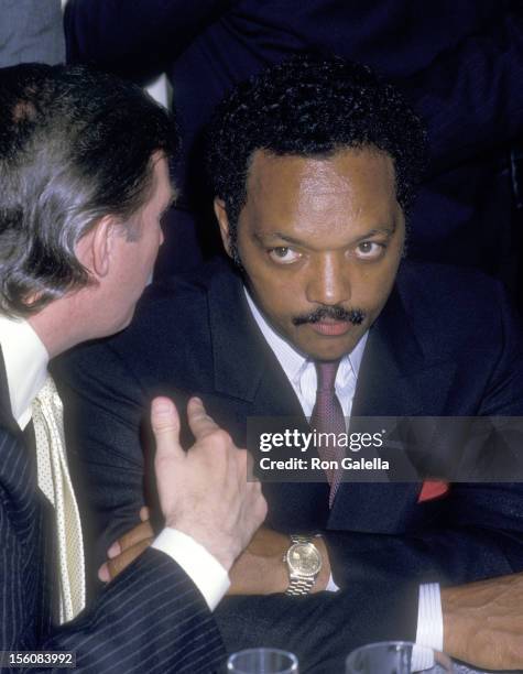 Business Mogul Donald Trump and Reverend Jesse Jackson attend the 'Mike Tyson vs. Michael Spinks Boxing Match' on June 27, 1988 at Trump Plaza Hotel...