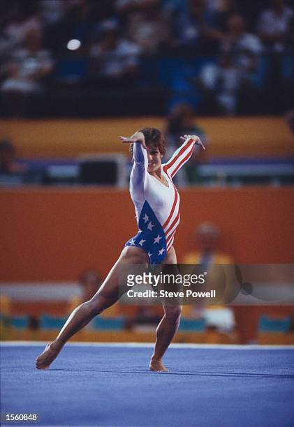 Mary Lou Retton from the United States performs during her routine in the Women's Floor competition on 5th August 1984 during the XXIII Olympic...