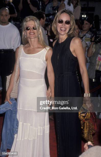 Actresses Linda Hamilton and Sharon Stone attending the world premiere of 'True Lies' on July 12, 1994 at Mann Village Theater in Westwood,...