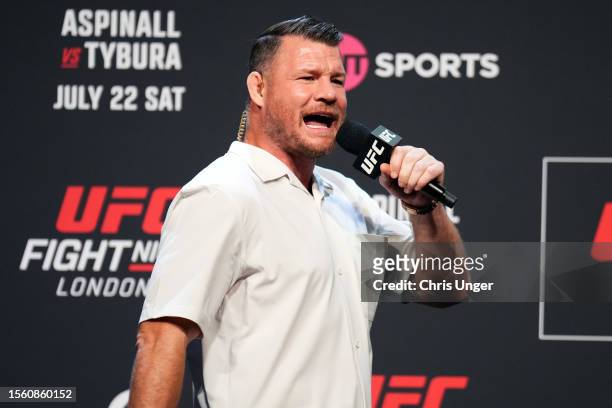 Hall of Famer Michael Bisping hosts the UFC Fight Night ceremonial weigh-in at The O2 Arena on July 21, 2023 in London, England.