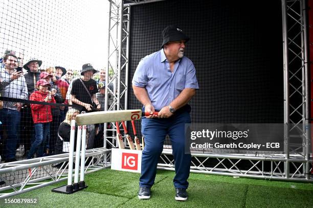 Former England captain Mike Gatting faces Shane Warne's Ball of the Century in the IG Activation during the lunch break on day three of the LV=...