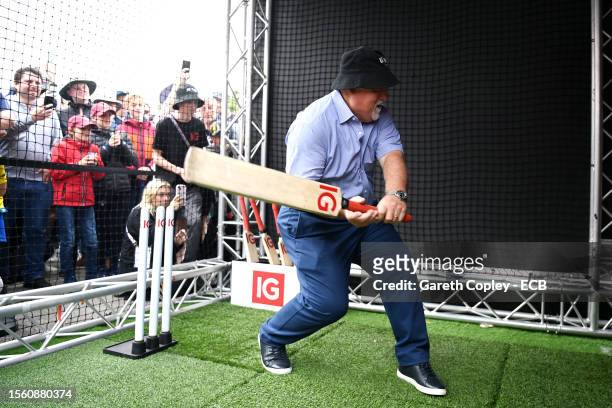 Former England captain Mike Gatting faces Shane Warne's Ball of the Century in the IG Activation during the lunch break on day three of the LV=...