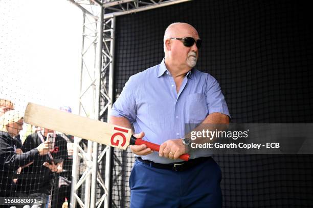 Former England captain Mike Gatting faces Shane Warne's Ball of the Century in the IG Activation during the lunch break on day three of the LV=...