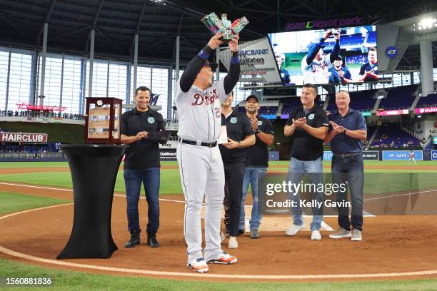 Miguel Cabrera of the Detroit Tigers is honored prior to the game between the Detroit Tigers and the Miami Marlins at loanDepot park on Friday, July...