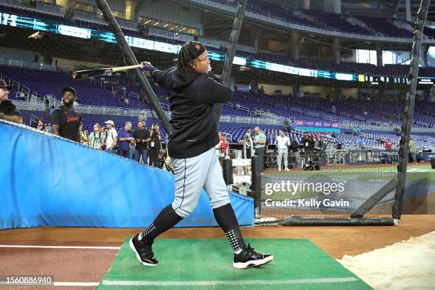 Miguel Cabrera of the Detroit Tigers warms up prior to the game between the Detroit Tigers and the Miami Marlins at loanDepot park on Friday, July...