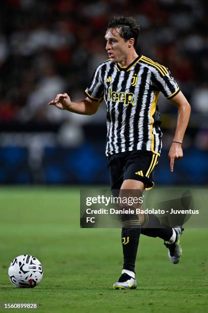 Federico Chiesa of Juventus dribbles the ball during the pre-season friendly match between Juventus and AC Milan at Dignity Health Sports Park on...