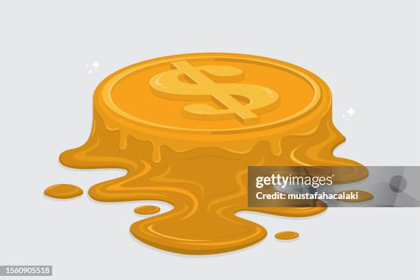 melting golden dollar coin - melting gold stock illustrations