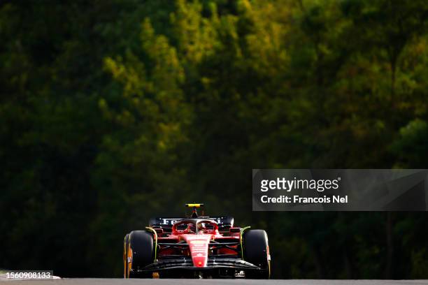Carlos Sainz of Spain driving the Ferrari SF-23 on track during practice ahead of the F1 Grand Prix of Hungary at Hungaroring on July 21, 2023 in...