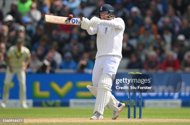 England batsman Jonny Bairstow hits a six during day two of the LV= Insurance Ashes 4th Test Match between England and Australia at Emirates Old...