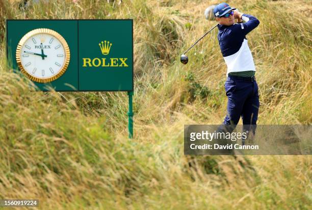 Zach Johnson of The United States plays his tee shot on the 14th hole during the second round of The 151st Open at Royal Liverpool Golf Club on July...