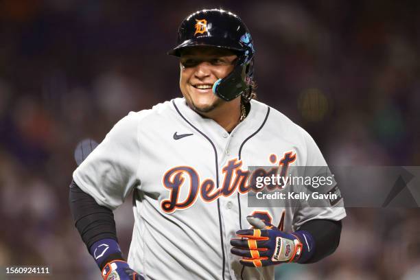 Miguel Cabrera of the Detroit Tigers walks after being hit by a pitch during the second inning of the game between the Detroit Tigers and the Miami...