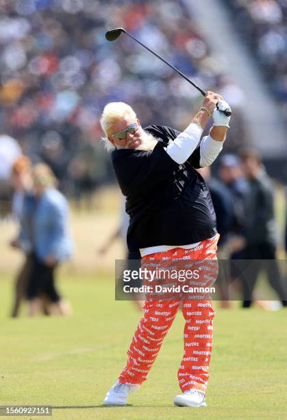 John Daly of The United States plays his second shot on the 16th hole during the second round of The 151st Open at Royal Liverpool Golf Club on July...